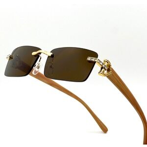 Rimless Sunglasses Wood Grain Frame Gold Accents Brown Lens Men Buffs‎ Hip Hop